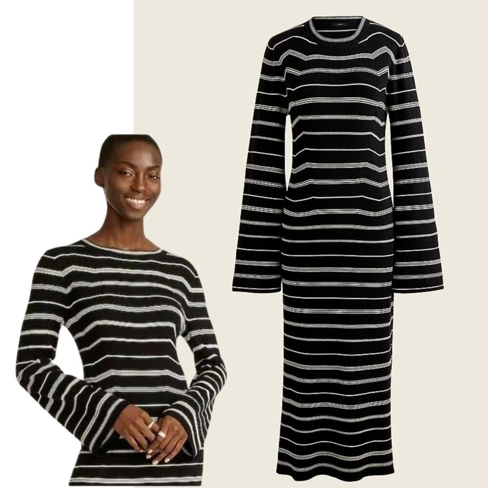 J Crew Knit Ribbed Black & Ivory Sweater-Dress in Mixed Stripe Sz L Bell Sleeve